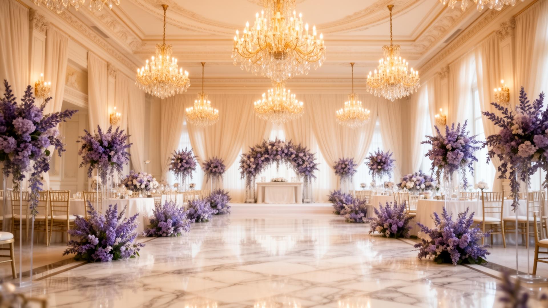 Luxury ballroom with golden chandeliers and lavender florals